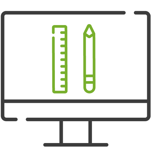 Icon of a computer screen displaying a green ruler and pencil, symbolizing design, customization, or user interface personalization.