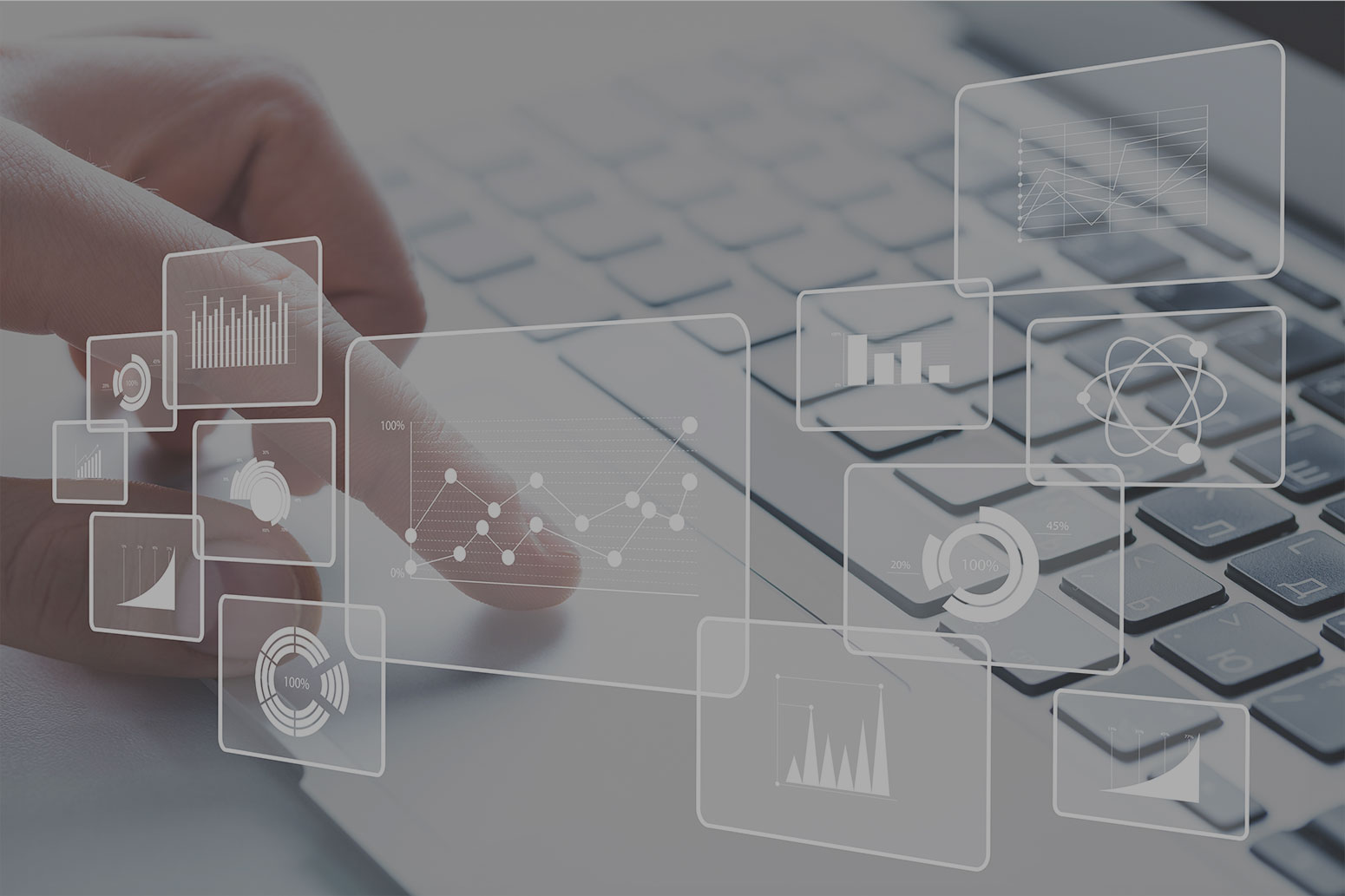 A close-up of a person's hand interacting with a transparent digital interface displaying various data visualizations, including graphs, charts, and diagrams. In the background, a computer keyboard is visible. Overlaid text reads: "Business Process Management – Effiziente Prozessautomatisierung" with a green button labeled "Mehr erfahren". The image emphasizes data-driven efficiency and automation in business processes.
