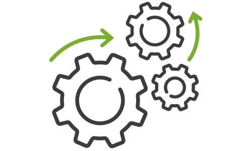 A minimalistic icon showing three interlocking gears of different sizes with green arrows indicating rotation or process flow. The image symbolizes automation, workflow, or mechanical/system integration.