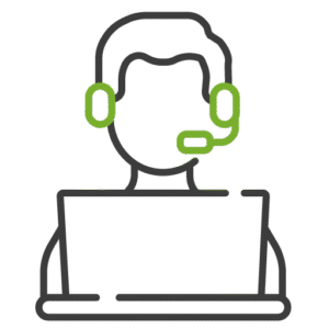 Icon of a support agent with headset in front of a laptop, symbolizing consulting services