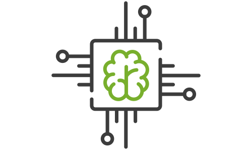 An icon of a computer chip with circuit lines extending outward and a green brain symbol in the center. The image represents artificial intelligence, machine learning, or intelligent computing technology.