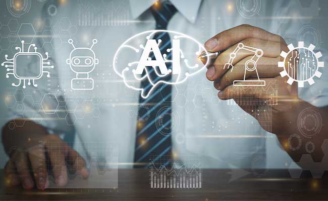 A businessman in a shirt and tie interacts with a virtual interface featuring AI-related icons, including a brain with "AI", a robot, a microchip, a robotic arm, and a gear. The image symbolizes artificial intelligence, automation, machine learning, and data-driven technology in a business context.









