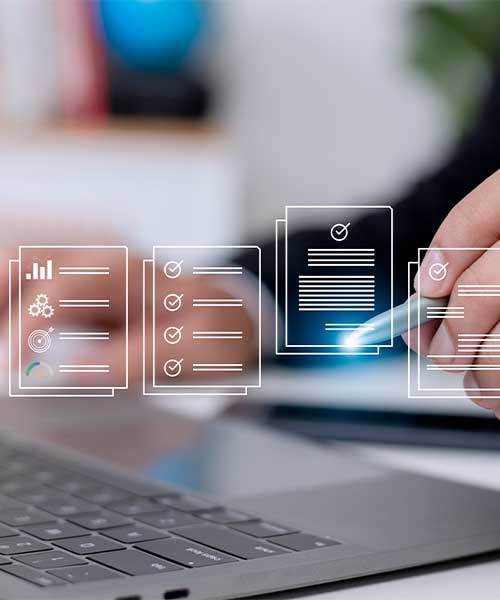 A close-up of a person using a digital pen to select from a series of floating checklist documents above a laptop. The image symbolizes digital data evaluation, auditing, or compliance review.