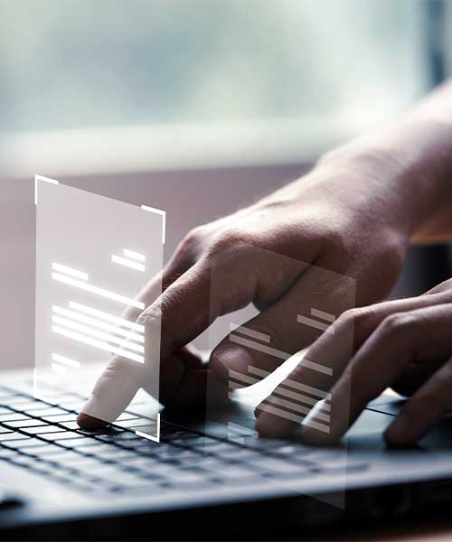 A close-up of a person using a digital pen to select from a series of floating checklist documents above a laptop. The image symbolizes digital data evaluation, auditing, or compliance review.