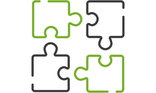 A simplified graphic of four interlocking jigsaw puzzle pieces outlined in green and black on a dark gray background. The puzzle pieces symbolize connectivity, integration, or collaboration.