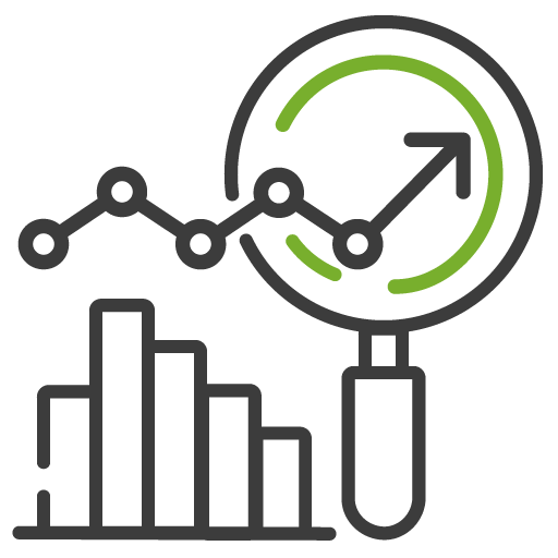Icon with a bar chart, line graph, and a magnifying glass with an upward arrow, representing data analysis, forecasting, or research and development.


