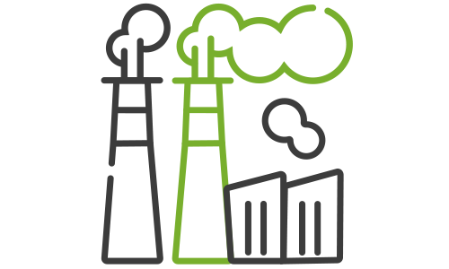 An icon depicting an industrial facility with two factory chimneys emitting smoke and a building structure, accompanied by green smoke or cloud symbols. The illustration represents industry, manufacturing, or environmental impact of industrial operations.










