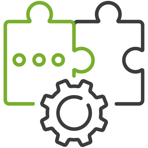 Icon of two puzzle pieces being connected with a gear underneath, representing system integration or connecting software components.