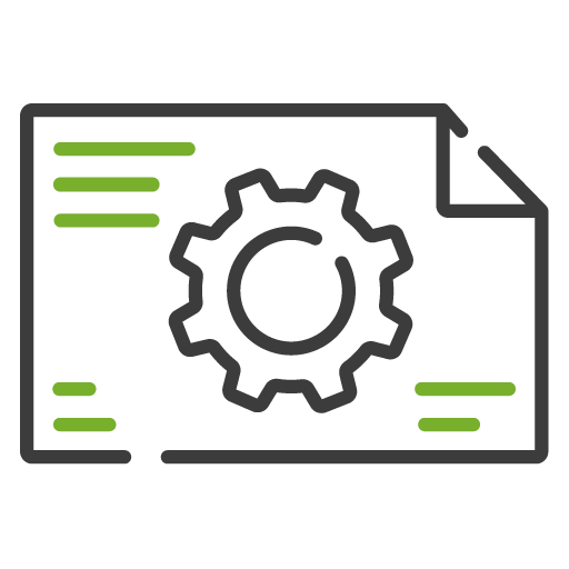 Icon of a document with a gear symbol and lines of text, symbolizing technical planning, system architecture, or conceptual design.