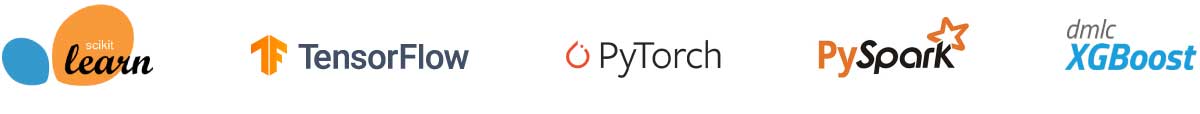 Logos of machine learning frameworks: scikit-learn, TensorFlow, PyTorch, PySpark, and XGBoost.
scikit-learn – a simple and efficient tool for data mining and data analysis in Python.

TensorFlow – an open-source framework developed by Google for deep learning and machine learning.

PyTorch – an open-source deep learning framework developed by Facebook’s AI Research lab.

PySpark – the Python API for Apache Spark, used for large-scale data processing.

XGBoost – an optimized distributed gradient boosting library designed to be highly efficient and flexible.