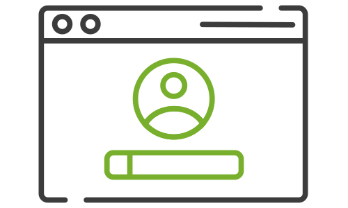 An icon of a web browser window containing a green user profile symbol and a rectangular input field, likely representing a login or user interface screen. The image suggests user authentication, account access, or online profile management.