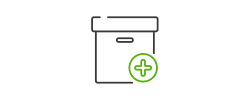 A minimalistic icon of a storage box with a green circle containing a plus sign in the bottom right corner. The image represents adding a new item to storage, creating a new entry, or expanding content.