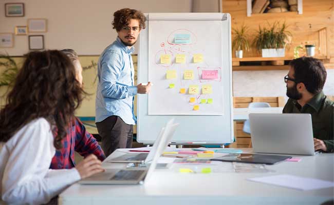 A man presents at a flipchart covered with sticky notes while three team members seated around a table listen and look on. Laptops and papers are spread out on the desk, suggesting a collaborative planning or brainstorming session in a creative office environment.









