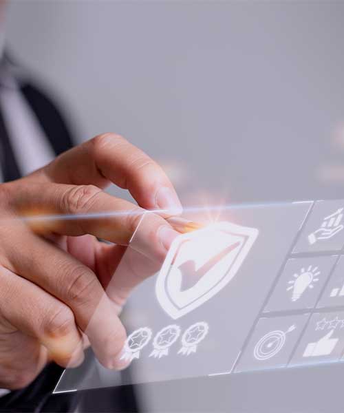 A close-up of a person using a digital pen to select from a series of floating checklist documents above a laptop. The image symbolizes digital data evaluation, auditing, or compliance review.
