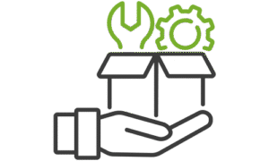 An icon showing a hand holding an open box, with a green wrench and gear symbol above it. The image represents service delivery, technical support, or providing packaged solutions or tools.
