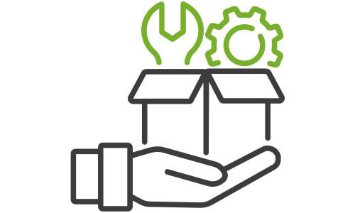 An icon showing a hand holding an open box, with a green wrench and gear symbol above it. The image represents service delivery, technical support, or providing packaged solutions or tools.