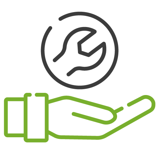 Icon of a hand holding a wrench inside a circular symbol, representing technical support, maintenance, or service delivery.