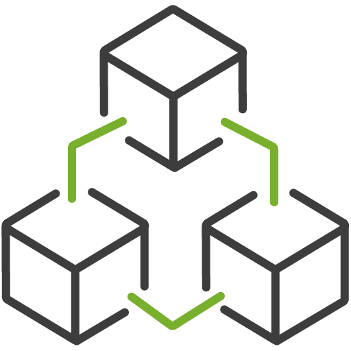 Icon showing three interconnected 3D cubes, symbolizing system architecture, modular technologies, or digital infrastructure.