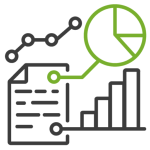 Icon showing a document with data, a bar chart, a pie chart, and a connected line graph, symbolizing data analysis.