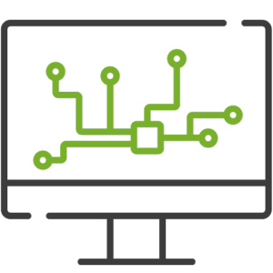 Icon of a computer screen displaying interconnected digital nodes representing data processing.