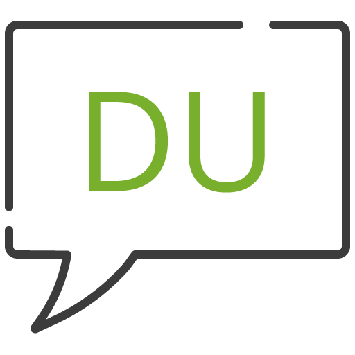 Speech bubble with 'DU', representing informal work culture