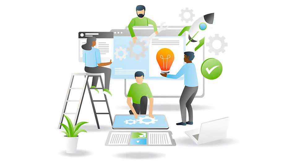 Illustration of a diverse team collaborating on web development and innovation, with laptops, gears, checkmarks, and a rocket symbolizing launch and success.
