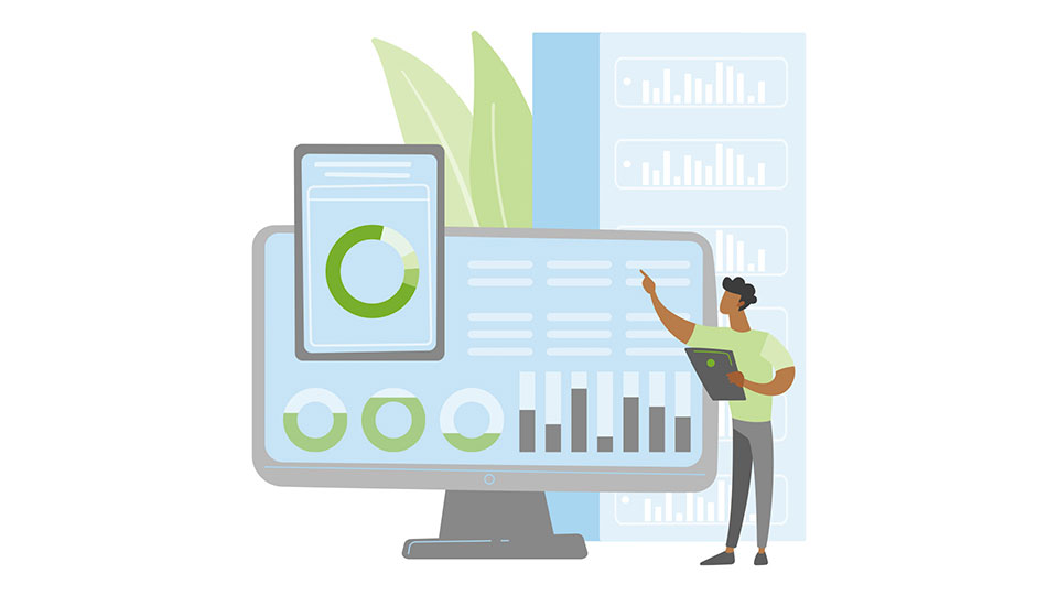 Illustration of a person analyzing data on a large dashboard with charts and diagrams.