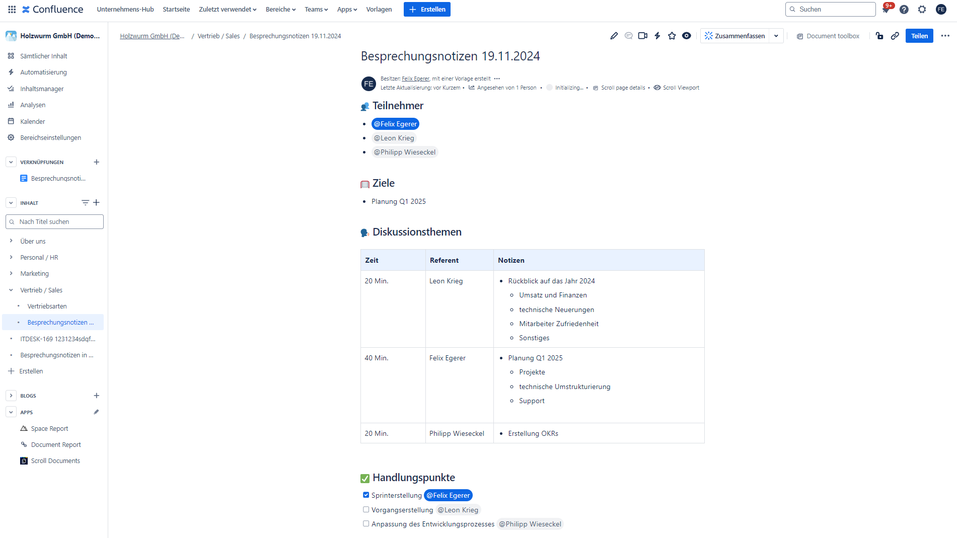 Screenshot aus der Confluence Oberfläche zu Besprechungsnotizen am 19.11.2024 mit Teilnehmern, Zielen, Diskussionsthemen und Handlungspunkten.