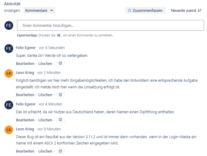 Screenshot einer beispielhaften Konversation mittels Kommentarfunktion, der neuste Kommentar wird dabei ganz oben angezeigt.