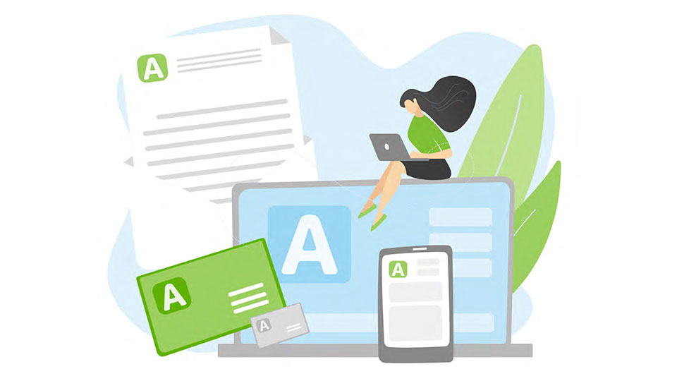 Illustration einer Frau, die mit einem Laptop auf einem großen Monitor sitzt. Auf dem Bildschirm und auf mobilen Geräten sind Aufgaben, Dokumente und Nachrichten zu sehen. Die Grafik symbolisiert eine digitale Plattform für Aufgabenmanagement und transparente Zusammenarbeit im Unternehmen.